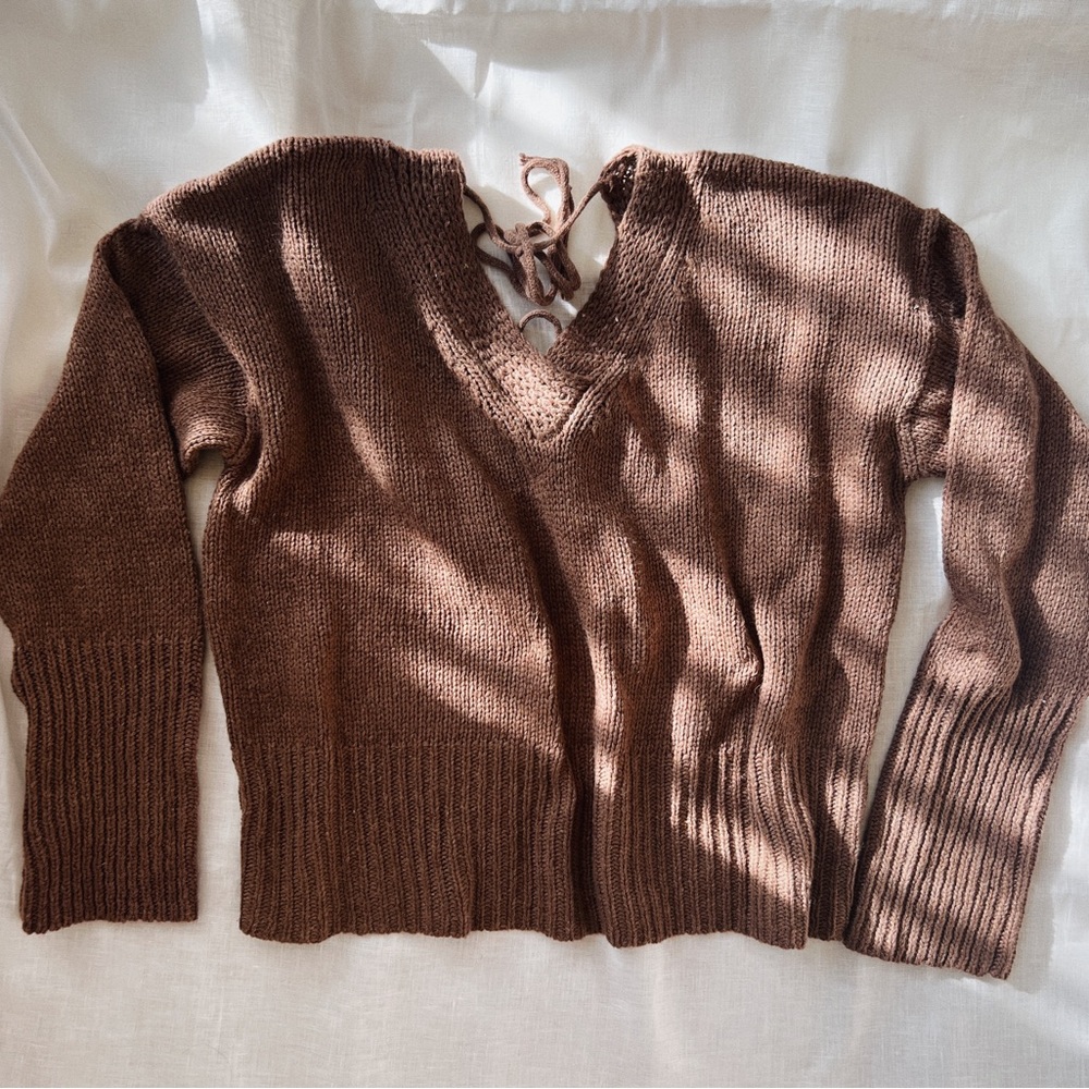 Oak + Fort V-Neck Sweater with Open Tie Back